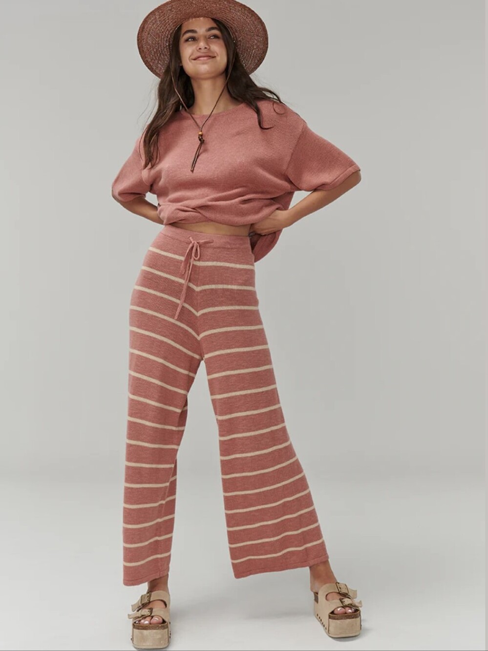 Ghanda Naxos Culottes Wide Leg Knit Pants High Waisted Size S Pink